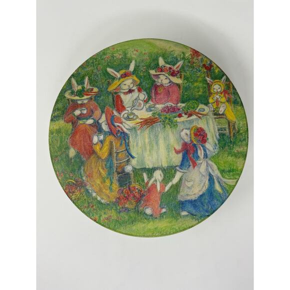 Metal Storage Tin Bunny Tea Garden Party 9.5” x 4” 'Rabbit Tea Party' - Picture 2 of 7